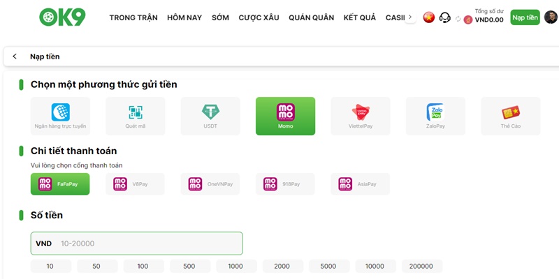 Bạn dễ dàng nạp tiền OK9 bằng các loại ví điện tử thông dụng
